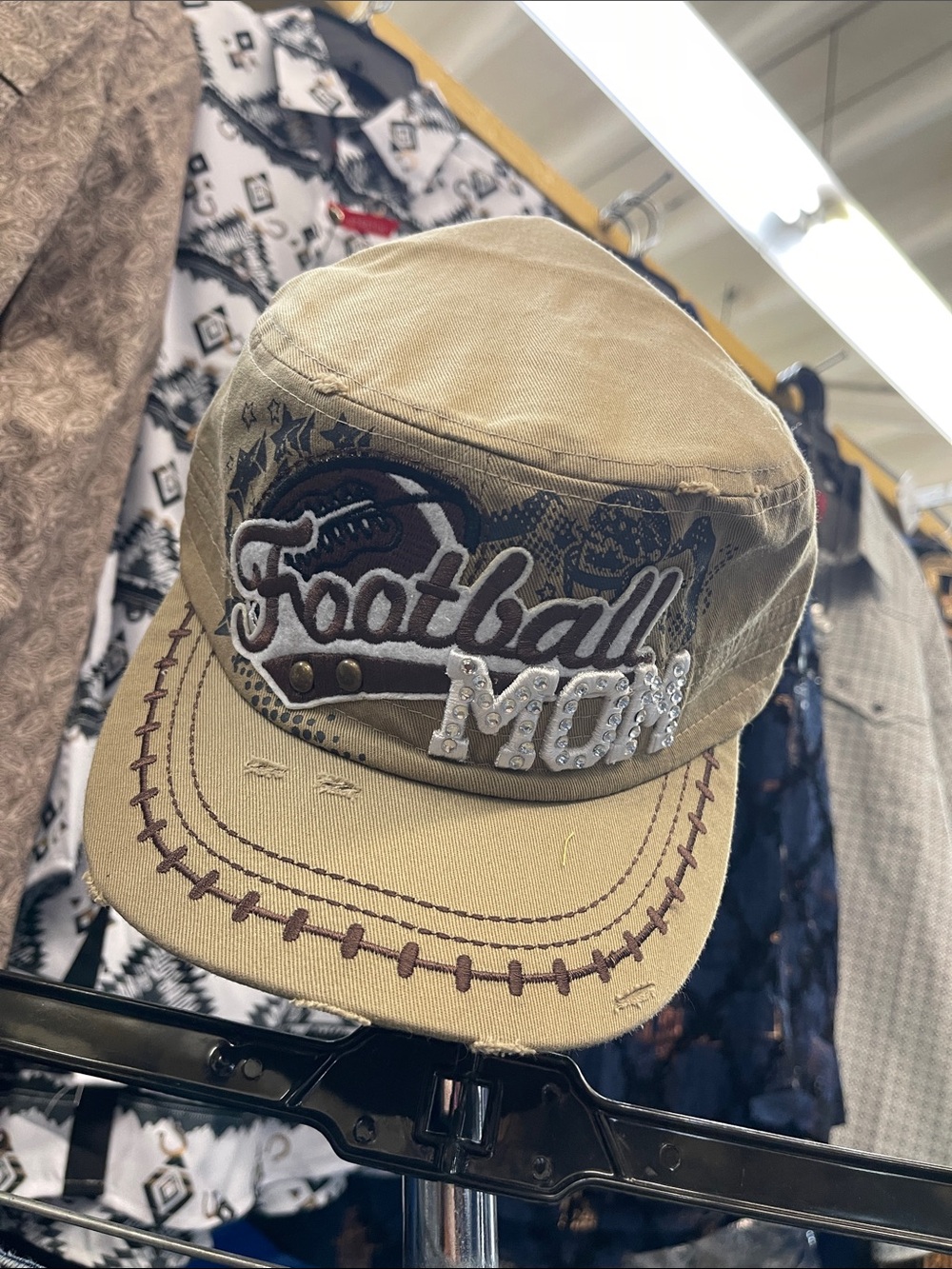 Ladies Khaki Football Mom Embellished Rhinestone Adjustable Cadet Cap